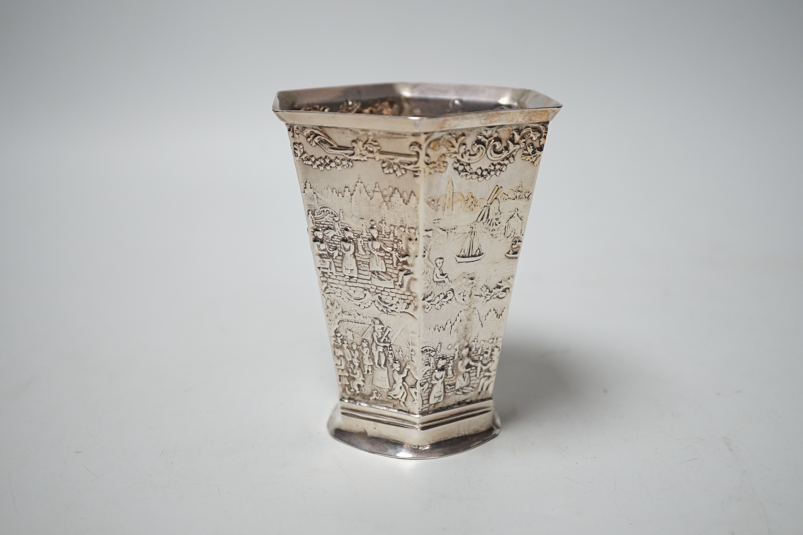 A late 19th century Dutch silver hexagonal vase, import marks for London, 1890, 11.2cm, 150 grams.